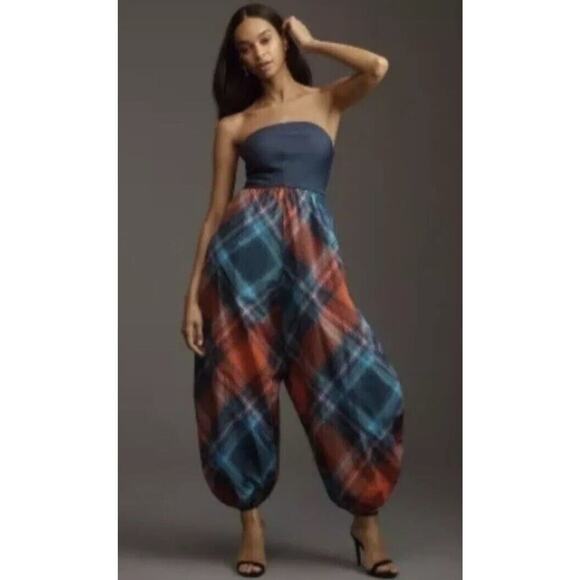 MAEVE GATHERED BALLOON JUMPSUIT NWT Anthropolgie holiday boho plaid fall formal - Picture 1 of 1